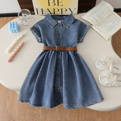 2026 Bestseller Children's Girls' A-Line Peter Pan Collar Cotton Polyester Europe America Style Washed Denim Dress Multi-Season