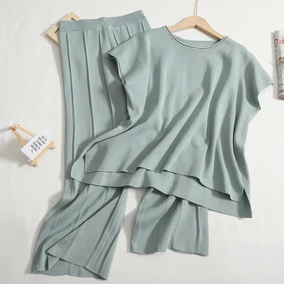 Wholesale 2026 Summer Casual Solid Color Sleeveless Vest Knitted Sweater Wide Leg Cropped Trousers Suit Thin Ice Silk Women's
