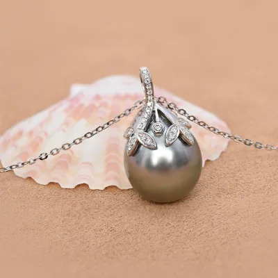 13-14mm Genuine Dark Metallic Platinum Grey South Sea Pearl Botanical Leaf Pendant 18K Solid White Gold Pt950 Platinum Luxury