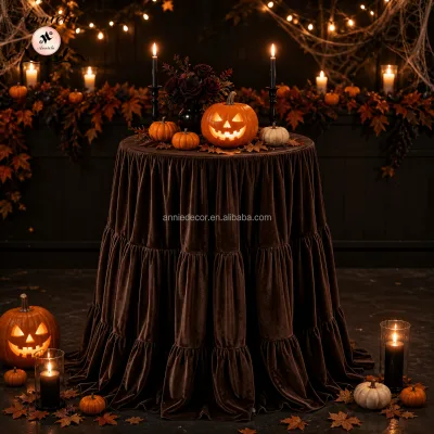 ANNIELU Halloween Heavy Weight Velvet Tiered Table Skirt Chocolate Brown Floor Drape Tablecloth for Fall Holiday Wedding Decor