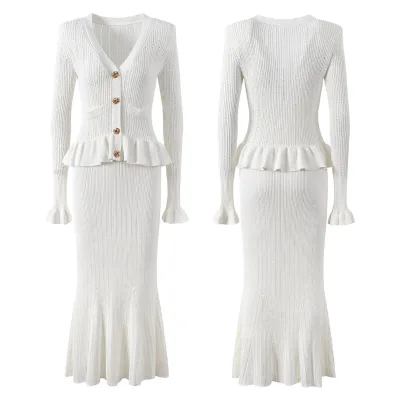 Long Sleeve V Neck Midi Dress and Two Piece Skirt Set for Women