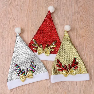 2024 Xmas Holiday Reindeer Antler Pom Hat Red Gold Silver Unisex Santa Claus Party Hat for Kids and Adults New Update Style