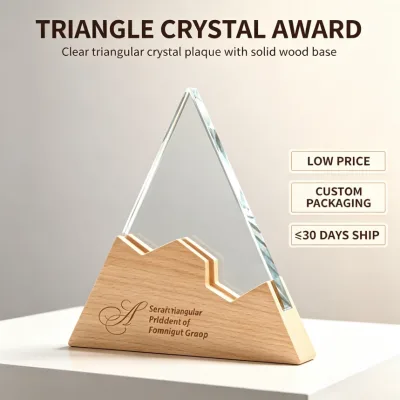 Modern Triangle Crystal Trophy Wood Base Gold Plated Eco-Friendly Custom Engraved Excellence Award for Corporate Recognition