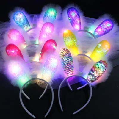 Factory Price Cute LED Rabbit Ears Headband Glitter Sequin Headband Feather Light up Bow Headbuckle for Easter Party Decoration