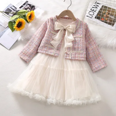 Girls' Korean Style Bowknot Two-piece Long Sleeves Suit Dress for Baby Girls Fashionable Stylish Autumn New Arrival