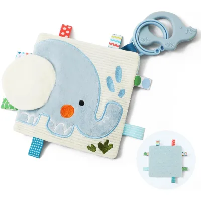 Clip-On Stroller Security Blanket Featuring Silicone Teether Minky Dot Crinkle Toy Elephant Baby Lovey with Sensory Tags