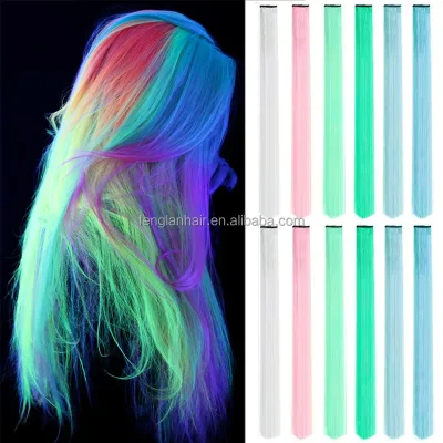 Luminous Silky Straight Wave Hair Extensions High Temperature Fiber Synthetic Hair Glowing in Darkness Luminous Clip Hairpiece