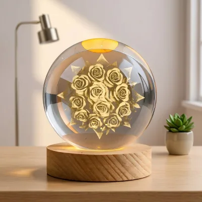 Popular 3D Engrave Crystal Glass Ball Light Base Stand Rose Carnation Lily Flower Valentine's Mother's Day Gift