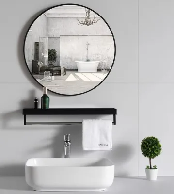 Custom Matte Black Modern Hotel Use Bathroom Wall Mount Storage Rack Aluminum Alloy Frame Magnifying Silver Lenses 1-Year
