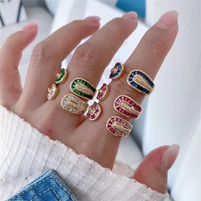 Dainty Bling Crystal Clear Colorful CZ Zircon Micro Pave Diamond Tennis Adjustable Open Rings for Women Ladies