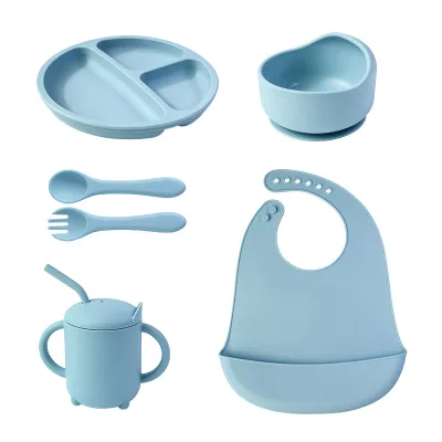 100% Bpa Free Custom Logo 6-pieces Kids Baby Feeding Set Silicone Suction Bowl Plate Bib Cutlery Silicone Bib Bowl Spoon Set