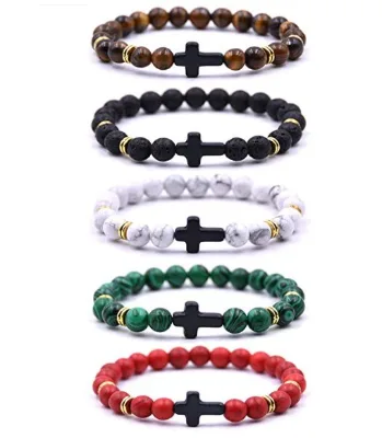 Beaded Bracelet Red Pine Stone Tiger Eye Stone Volcanic Stone Cross Bracelet