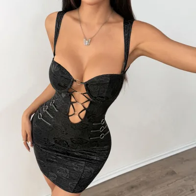 Sexy Dress Front Cutout Ring Lace up Bodycon Mini Dress Double Straps Clubwear Corset Dresses