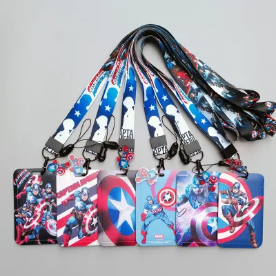 Campus Student Boys Gifts Marvel Lovely Cartoon Captain America Card Holder Portable Hard Plastic Card Cover Case Lanyard Set