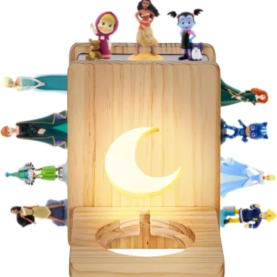 Custom Retro Style Wooden Children's Toy Figurine Display Rack Wall-mounted Storage Shelf Illuminated Magnetic Bookcase for