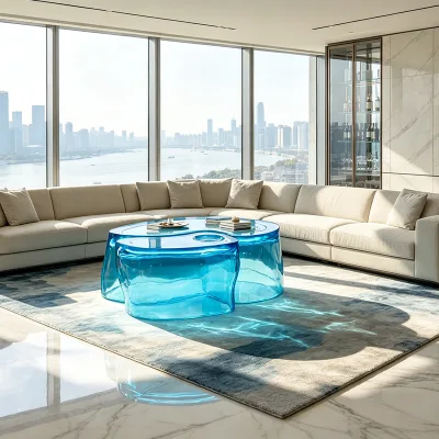OEM ODM Jiangyue J661 Transparent Gradient Blue Abstract Irregular Split Resin Coffee Table Recessed Cup Holder Durable
