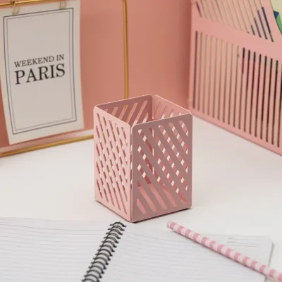 Pastel Pink Acrylic Pen Holder Lattice Design Cute Kawaii Desk Organizer Custom Size UV Printing Logo Office Use