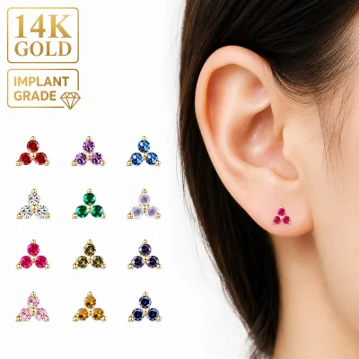 Premium Trendy 14K Gold Piercing Jewelry Colorful Cubic Zirconia Flower Ear Stud Fine Gold Helix Tragus Luxury Piercing Earring