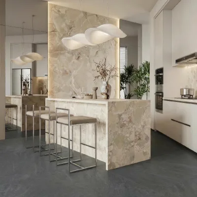 Luxury Natural Ice White Marble Kitchen Island With Mosaic Pattern For Modern Open Kitchen