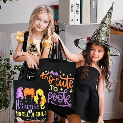 Double-Sided Printed Canvas Tote Bag - Halloween Pumpkin & Skeleton Gift Bag