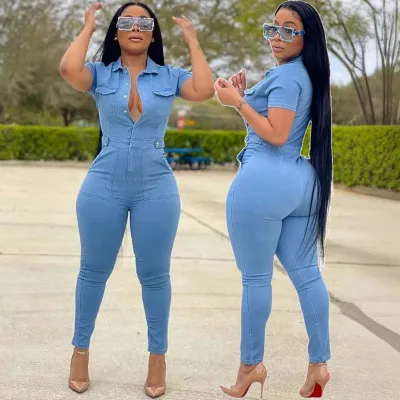 Womens Western Jean Jumpsuits Skinny Denim Long Romper Single Breasted One Piece Bodysuit Bodycon Playsuit Black Overalls