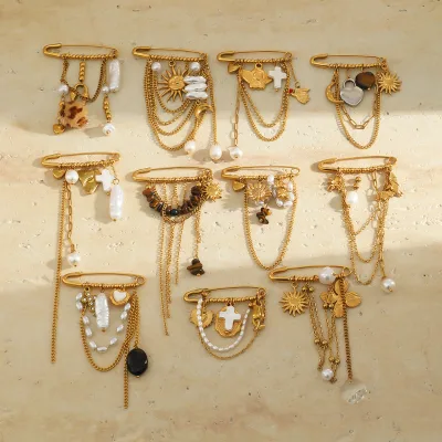 Manna Vintage Flower Pearl Leopard 18K Gold Plated Stainless Steel Layered Tassel Safety Pin Brooch for Clothing Decoration