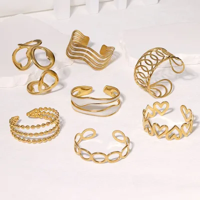 Wholesale Women Geometric Cold Style French Heart Floral 18K Gold Plated Fadeless Adjustable Stainless Steel Bangle Bracelets