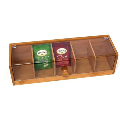 5 Compartment Tea Bag Organizer Clear Acrylic Window Bamboo Storage Box Rectangle Shape Lacquer Technique for Tea Lovers Tools