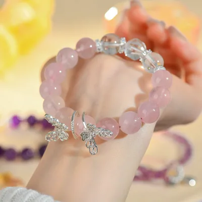 Wholesale natural rose quartz white crystal original butterfly bracelet fashion peach pink bracelet
