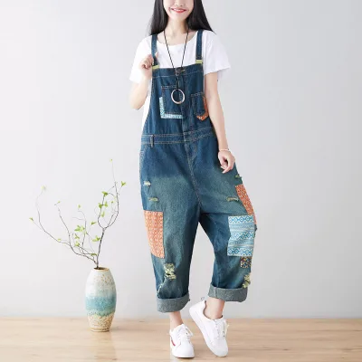 Y4625 New Style Women's Large Size Washed Retro Denim with Adjustable Overalls, Loose and Ripped Street Pants