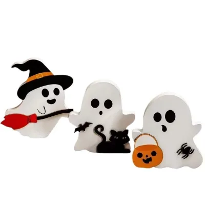 Hot Selling Cute Ghost and Pumpkin Handmade Wooden Indoor Halloween Party Decorations for Desktop Ornaments