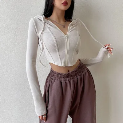 Casual Solid Color Hooded Women Long Sleeves Y2K Slim Fit Crop Tops Woman 2024 New Zipper up Streetwear Tees Top