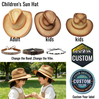 Summer Kids Wide Brim Paper Straw Cowboy Hat UV Protection Custom Decorative Hat Band Outdoor Play Children Sun Hat