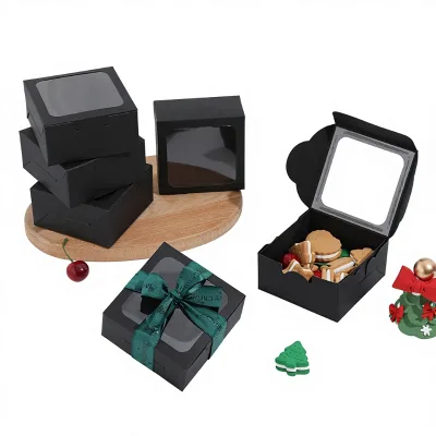 Fashionable Black Square Cardboard Gift Box Viewable Window for Cake Shop Baking Pastry Afternoon Tea Dessert Takeaway Food Use