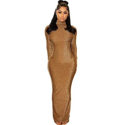 Autumn and Winter New Fashion Elegant Silver Silk Sexy Backless Long Slim Sexy Dress for Women