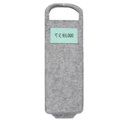 Custom Logo Grey Felt Single Wine Bottle Carry Bag Portable Handled Wine Gift Pouch