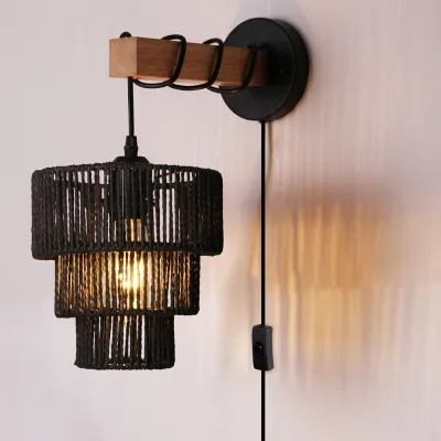 SKD Farmhouse Rattan Plug in Wall Sconces Rustic Hand-woven Bamboo Shade Wall Light Fixture Wall Lamp for Bedroom Bedside