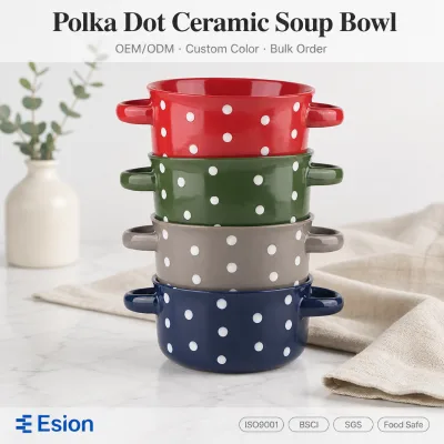 Polka Dot Ceramic 4 Pcs Soup Bowl with Double Handles 650ml Stackable Stoneware Crock Bowl OEM Custom Color Bulk Order