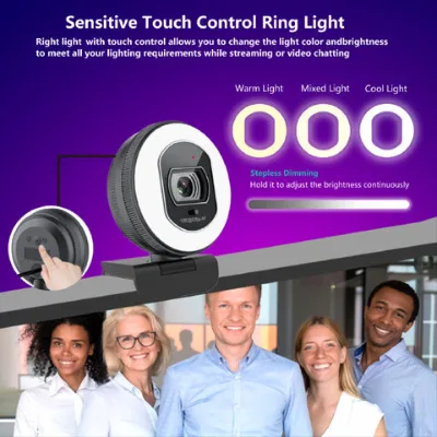 60FPS AF Webcams USB Ring Light Camera Web With Built-in Privacy Cover, Wireless Remote Control