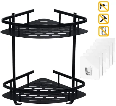 Durable Aluminum 2 Tiers Shower Frame Paste Corner Bathroom Shelf Kitchen Storage Basket Suction Cup Corner Shower Caddy Corner