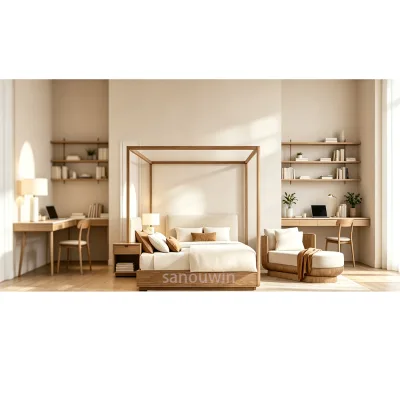 Home Bedroom Contemporary Style Oak Wood Frame Guest Room Bedroom Comfortable Study Room Bookroom Furniture Bed