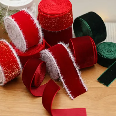 New Red Velvet Christmas Ribbon White Overlocked Edge Handmade Bow Gift-wrapping Festive Decor Item American Classic American