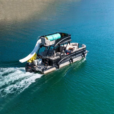 30ft Allhouse Solo Drift Double-Deck Aluminum Pontoon Outboard 150HP Luxury Entertainment Custom Logo Upper Hammock Rail Lower