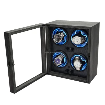 4Watch Winder Ebony Patterned Wooden Fully Intelligent Open Cover and Self Stop Active Mute Watch Winder