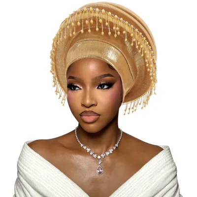 Whosale 2026 Latest Ladies Pre Tied Bonnet Hat Head Cover Caps Stylish Women's Pleated Auto Gele Tassel Beaded Muslim Headtie
