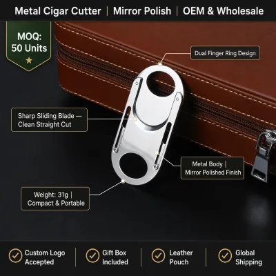 Metal Cigar Cutter Dual Finger Ring Mirror Polish Sharp Sliding Blade Custom Logo Gift Box Wholesale