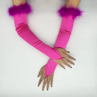 Fingerless Feather Puff Decor Gloves Opera Party Accessories Christmas Long Hook Finger Giaves Ladies Bridal Dress Costume