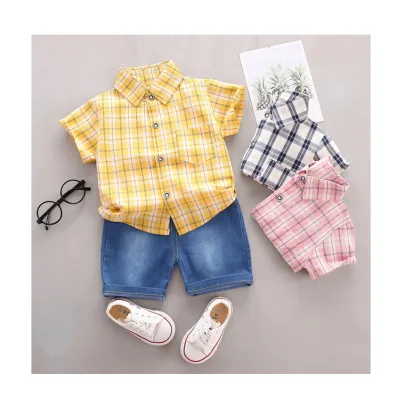 1-4T 2023 Boys Kids Summer Clothing Button-Down Plaid Shirt Denim Jean Shorts Set 2 Piece Kids Sets for Boys Summer