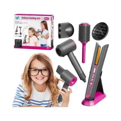 Deluxe Girls Beauty Salon Styling Set Kids Hair Dryer Toy Real Function Interactive Lights Sounds Hairdryer