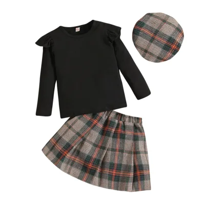 Autumn Girls Knitted Bottom Pullover Plaid Pleated Skirt With Hat Three-piece Set